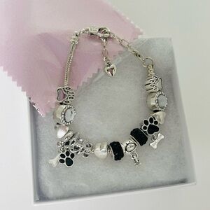 Dog Mom Charm Bracelet Paw Print Pet Lover Gift Pandora Style Silver Tone